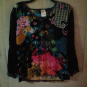 Bila Womens Top Black Multi Color Beaded Floral Dr